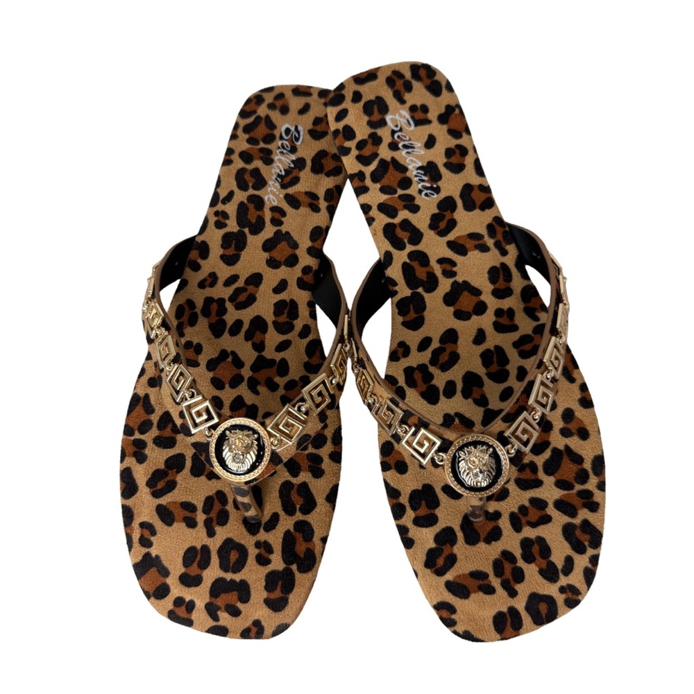 NIB Brown and Gold Thong Sandals with Metallic Embellishments
